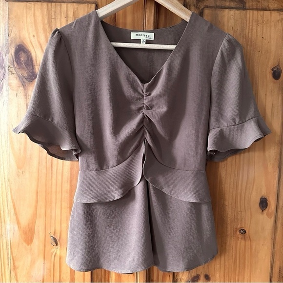 Monteau Los Angeles Taupe Peplum Blouse Ruffle Short Sleeve - Medium - Picture 5 of 6